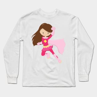 Superhero Girl, Cute Girl, Brown Hair, Pink Cape Long Sleeve T-Shirt